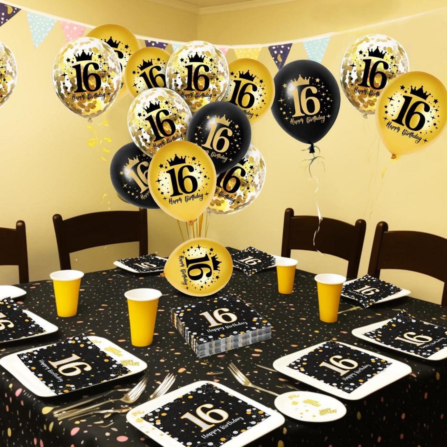 16. Geburtstag Servietten Set Schwarz Gold Luftballons Konfetti