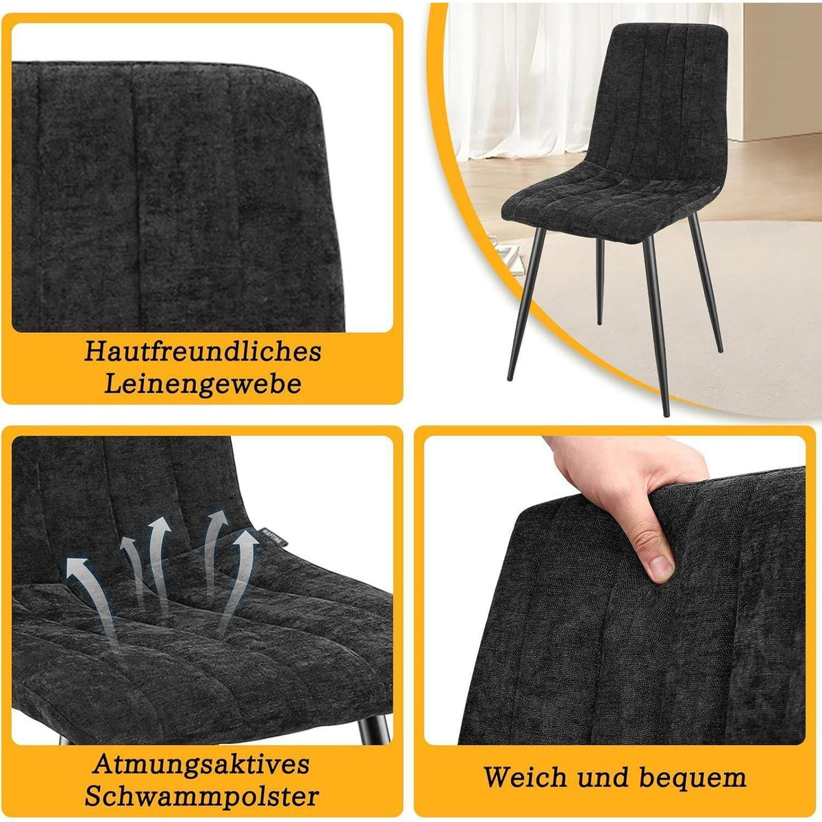 8x Esszimmerstühle Gepolstert, Schwarze Metallfüße & Hohe Rückenlehne