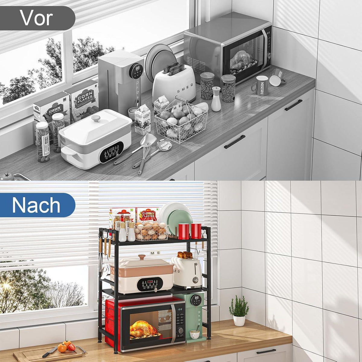 3-stufiges Erweiterbares Mikrowellen Regal Schwarz mit 6 Haken