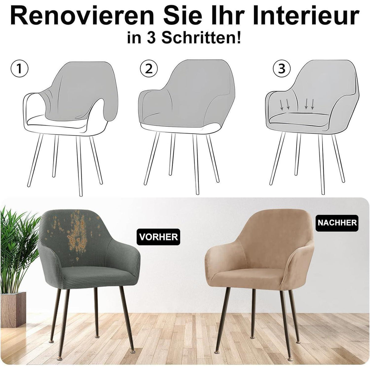 Stretch Samt Stuhlhussen Set - Universal Sesselbezug Kamel