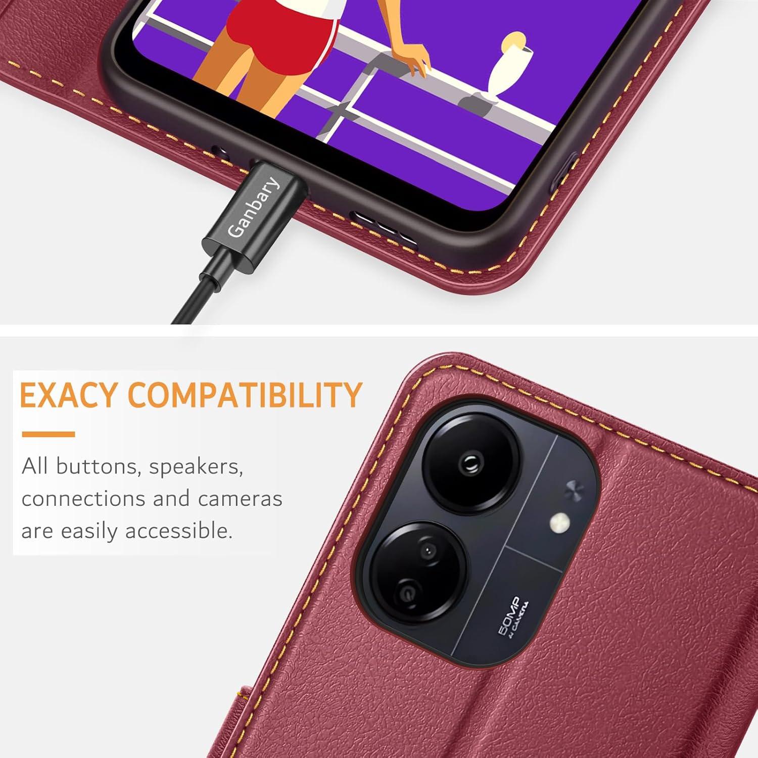 Leder Handyhülle Xiaomi Redmi 13C Poco C65 Weinrot Standfunktion