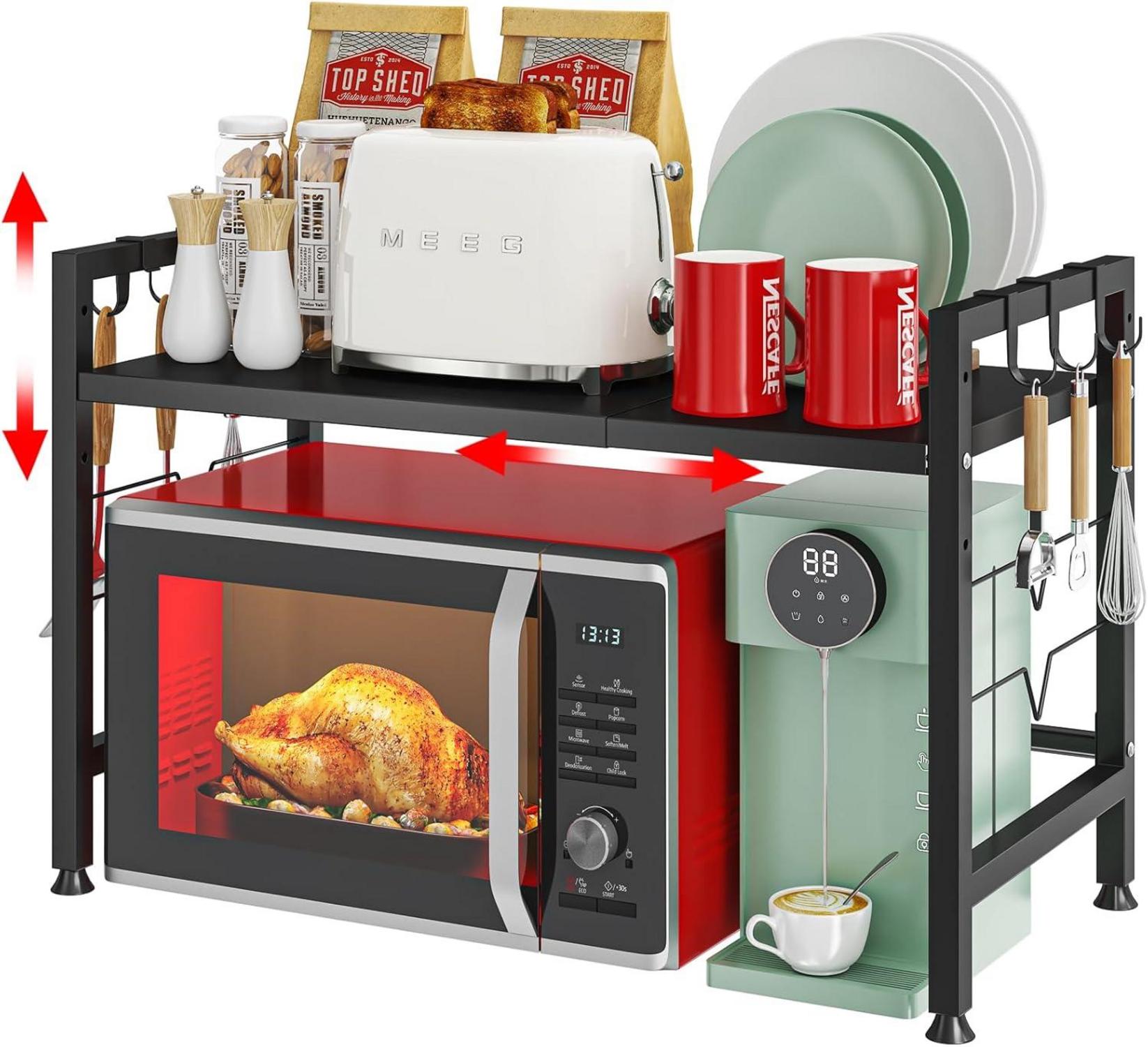 2-stufiges ausziehbares Mikrowellenregal 40-65cm mit Haken