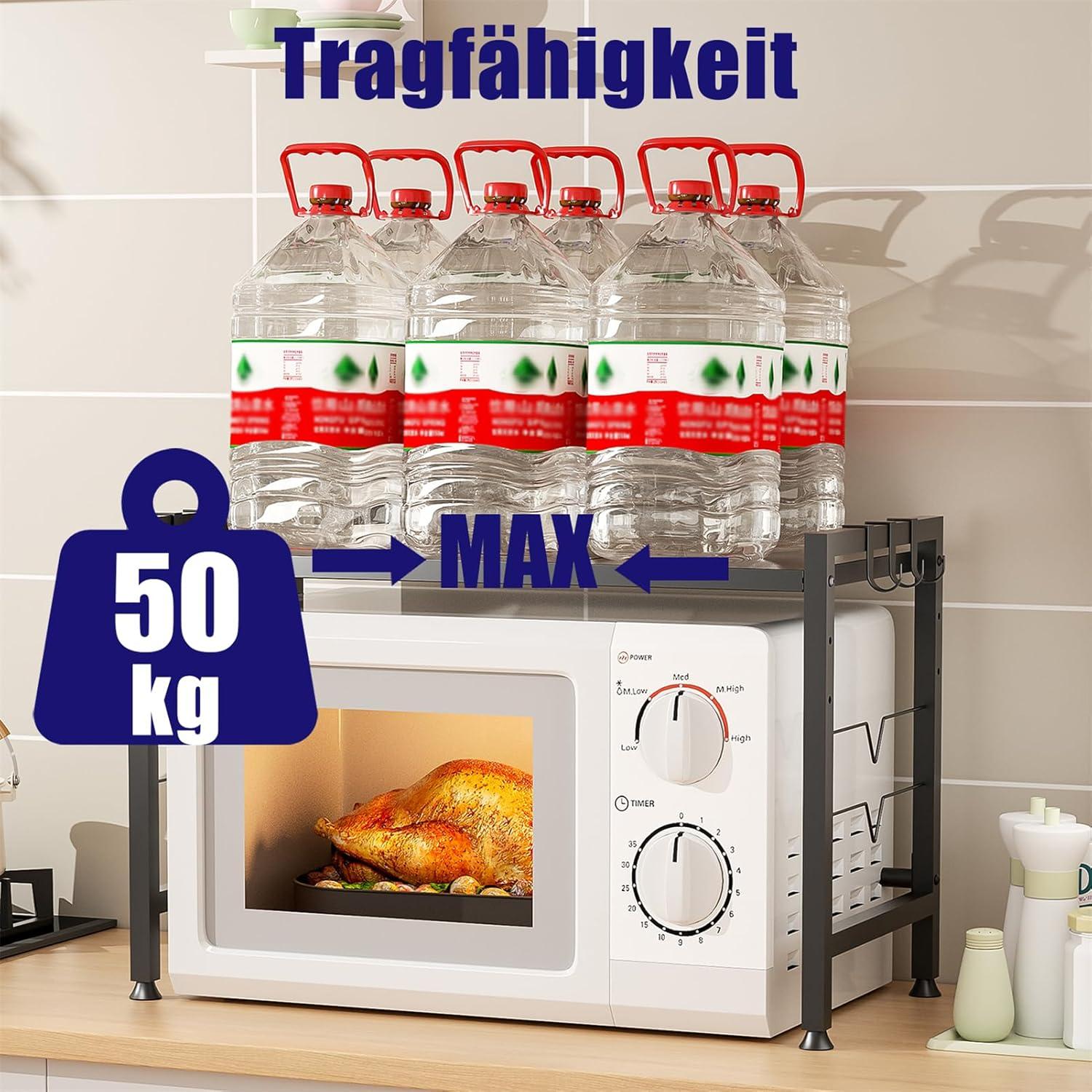 Kimfead 2-stufiges Ausziehbares Mikrowellenregal mit 6 Haken - Schwarz