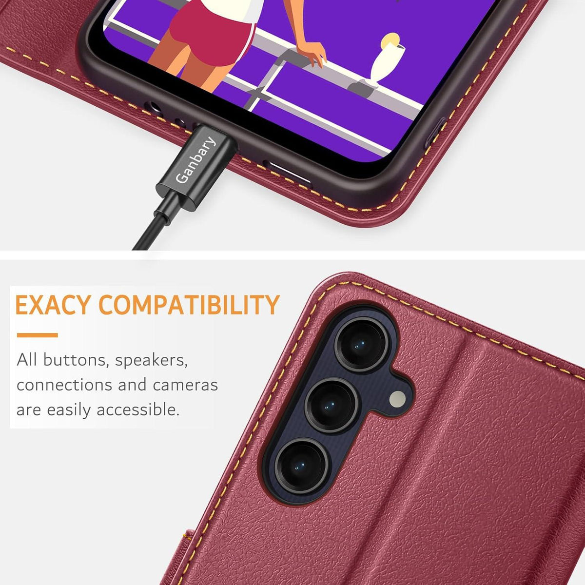 Ganbary Samsung Galaxy A25 5G Handyhülle Leder Klapphülle Weinrot