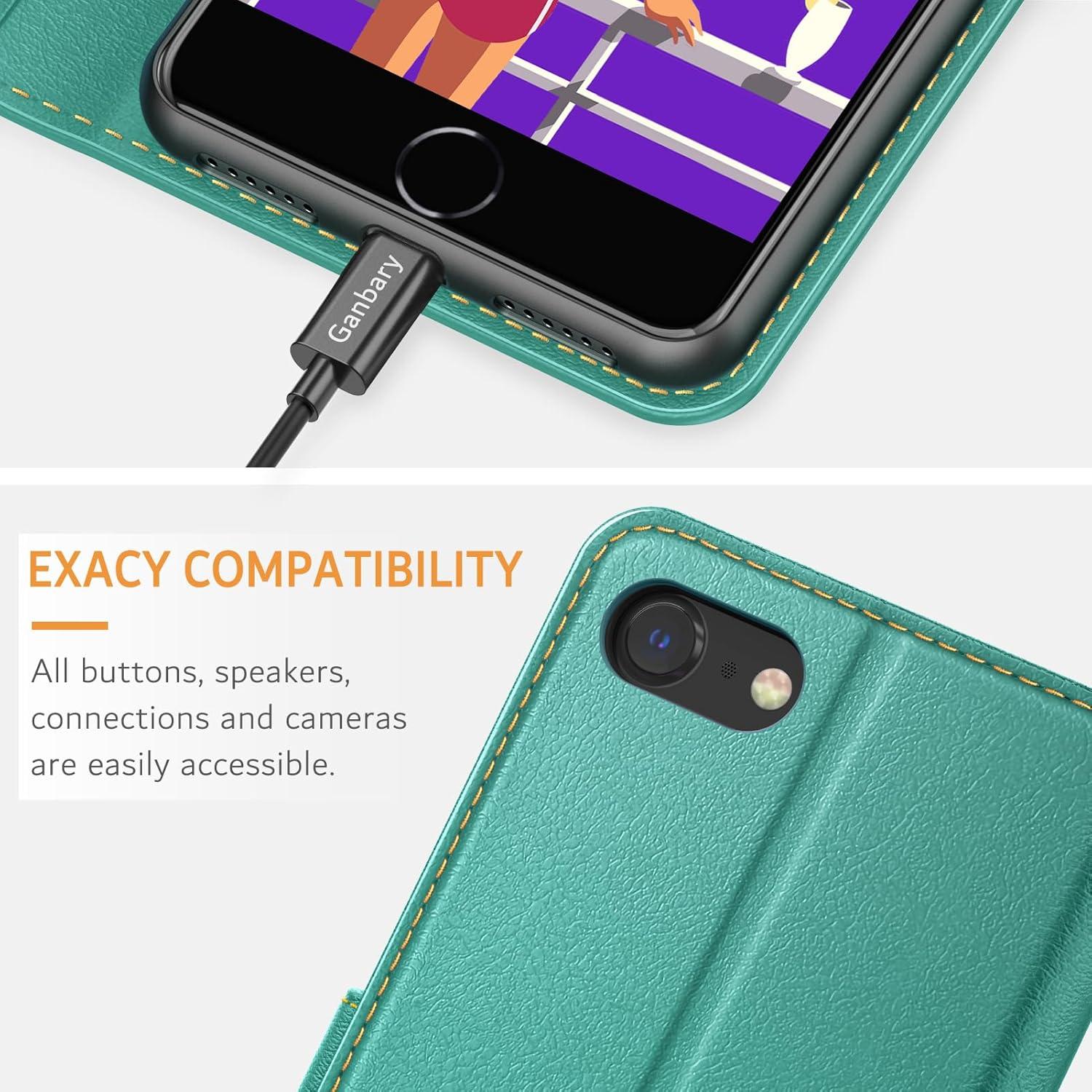 iPhone SE 2022 5G/SE 2020/7/8 Leder Handyhülle Blaugrün Standfunktion