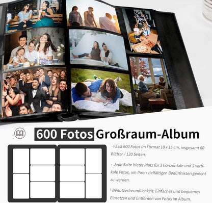 Fotobuch 10x15cm Schwarz mit 600 Taschen, Ledereinband