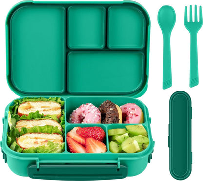 Amathley Brotdose Kinder Bento Box 1200ml 4 Fächer Besteck Grün