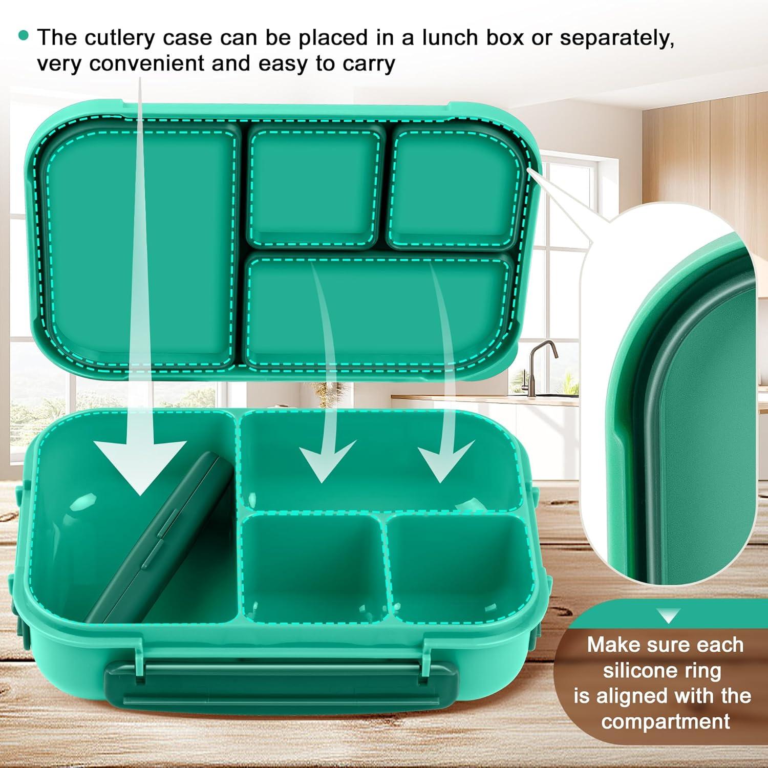Amathley Kinder Brotdose Bento Box 1200ml Lunchbox 4 Fächer Besteck Grün