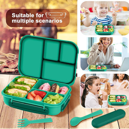 Amathley Kinder Brotdose Bento Lunchbox 1200ml 4 Fächer Besteck Green