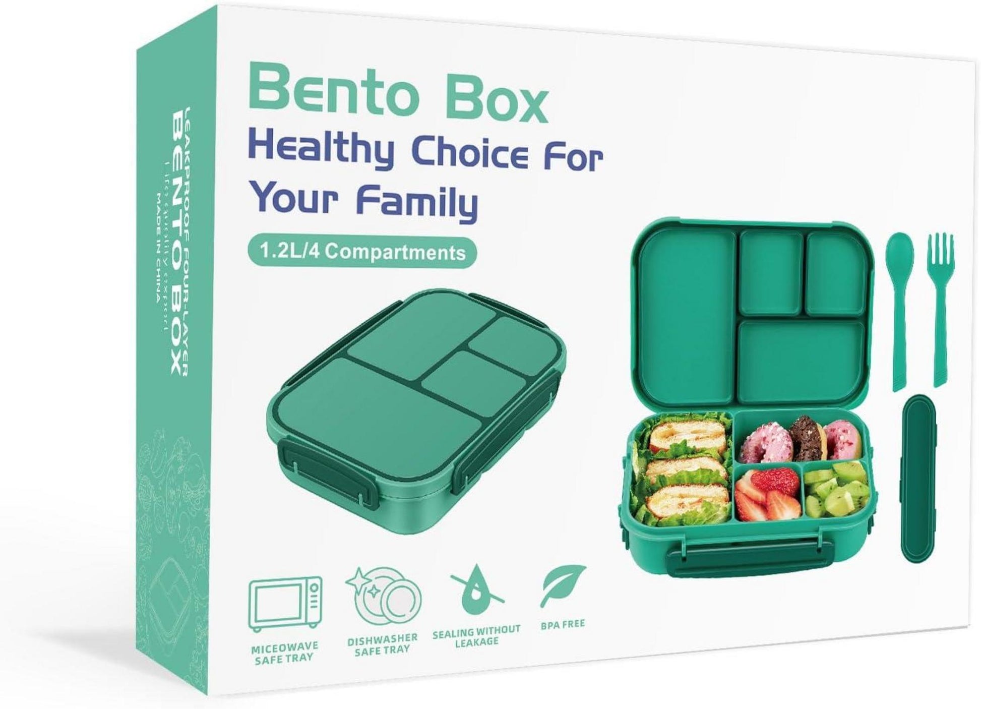 Amathley Kinder Brotdose Bento Box 1200ml Lunchbox 4 Fächer Besteck Grün