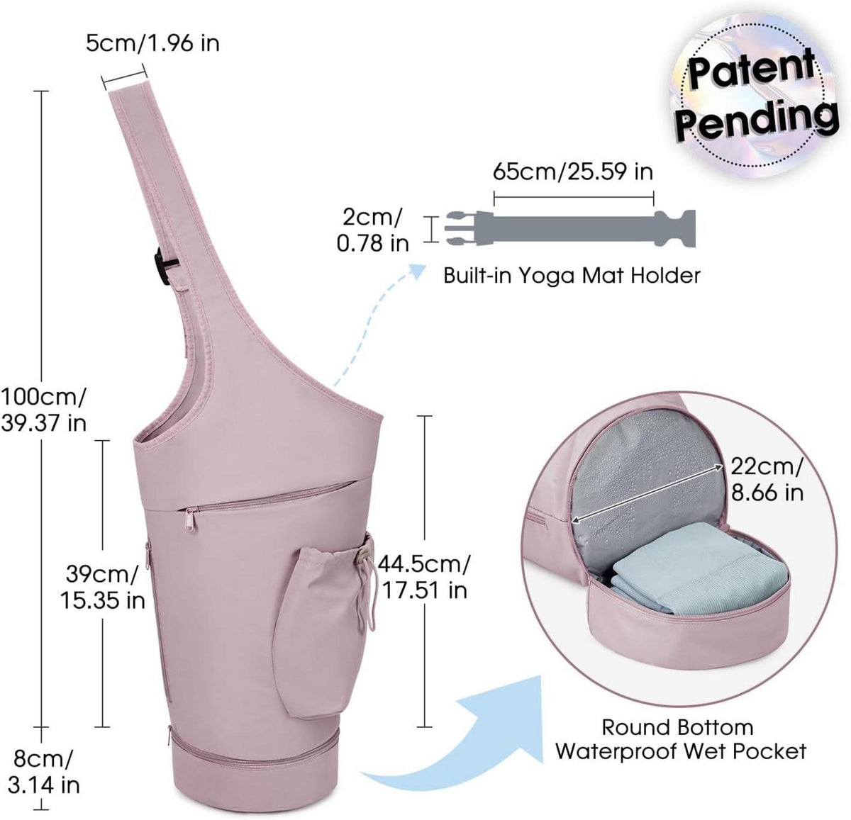 Yogatasche mit großer Öffnung und Nassfach Rosa Yoga Tasche