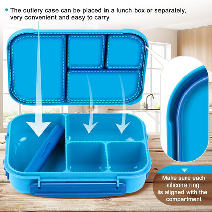 Amathley Brotdose Kinder Bento Box 1200ml Lunchbox 4 Fächer Besteck Blau
