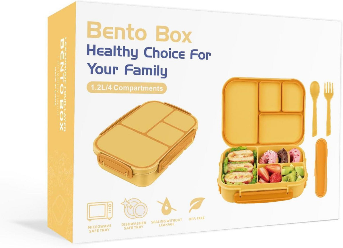 Amathley Brotdose Kinder Bento Lunchbox 1200ml Mit 4 Fächern Und Besteck Gelb