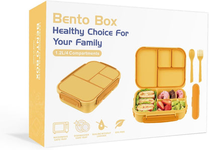 Amathley Brotdose Kinder Bento Lunchbox 1200ml Mit 4 Fächern Und Besteck Gelb