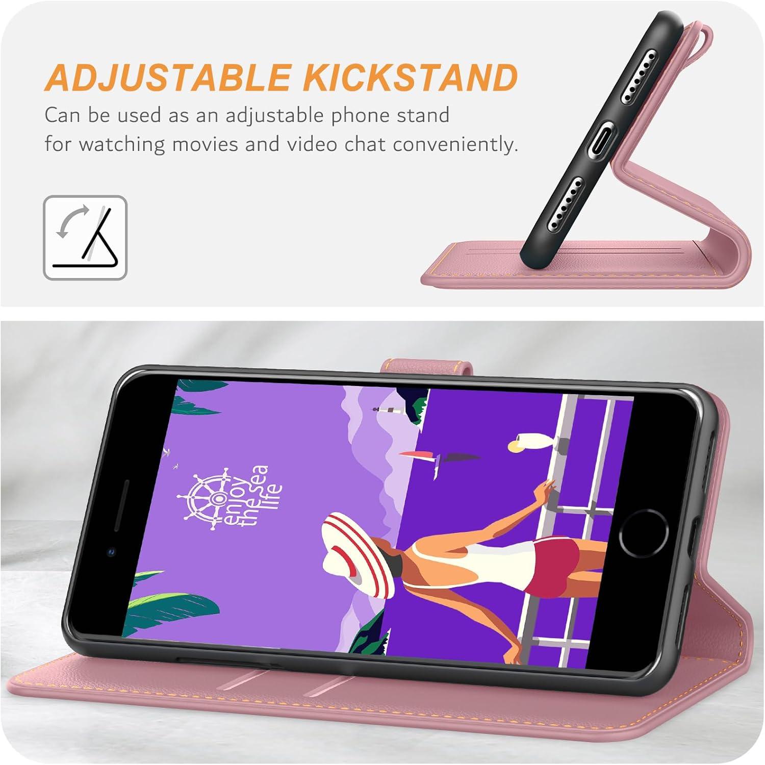 Ganbary Handyhülle iPhone SE 2022 5G/SE 2020 7 8 Leder Klapphülle Rosa