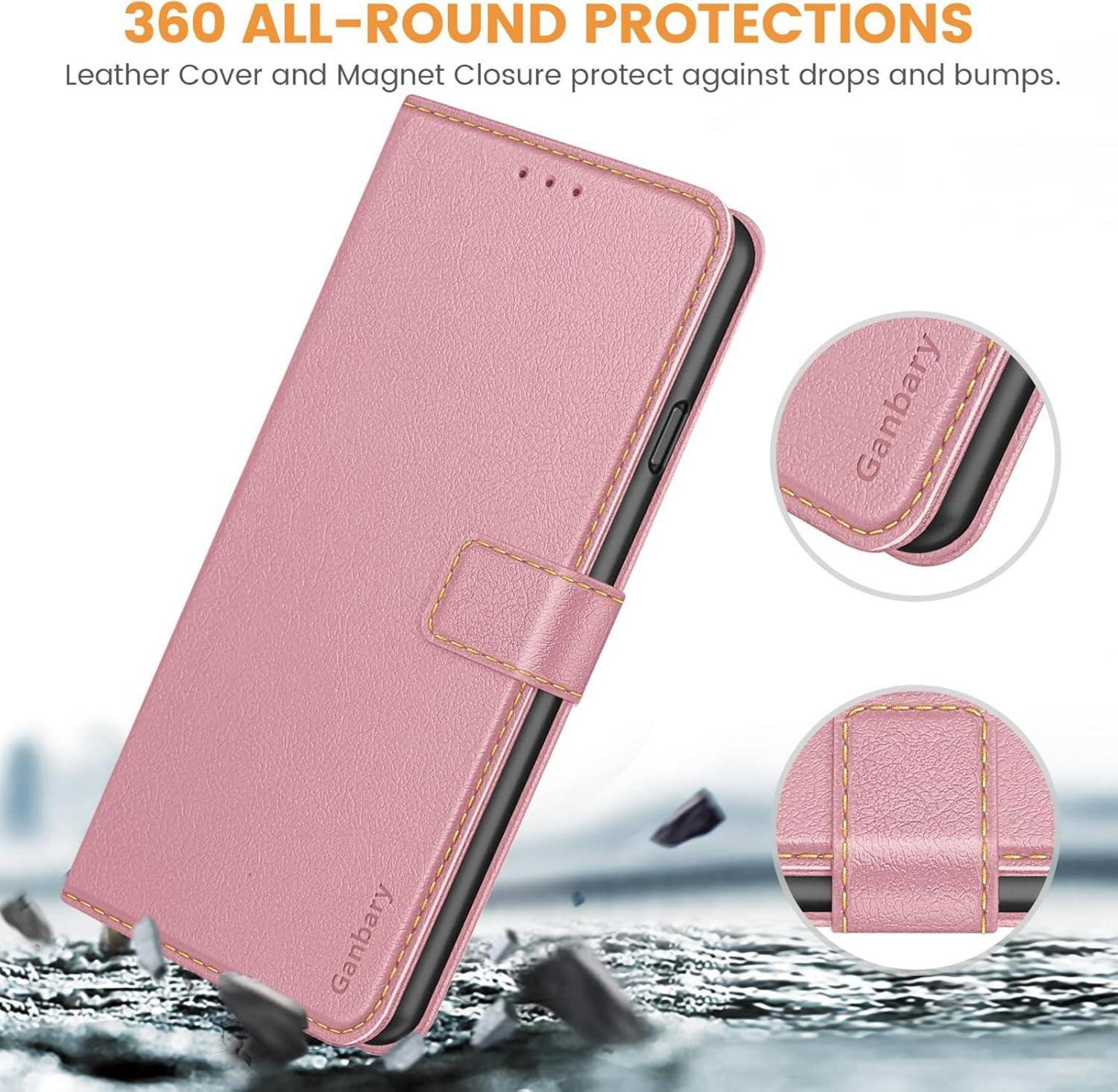 Ganbary iPhone SE 2022 5G Leder Klapphülle Rosa Standfunktion