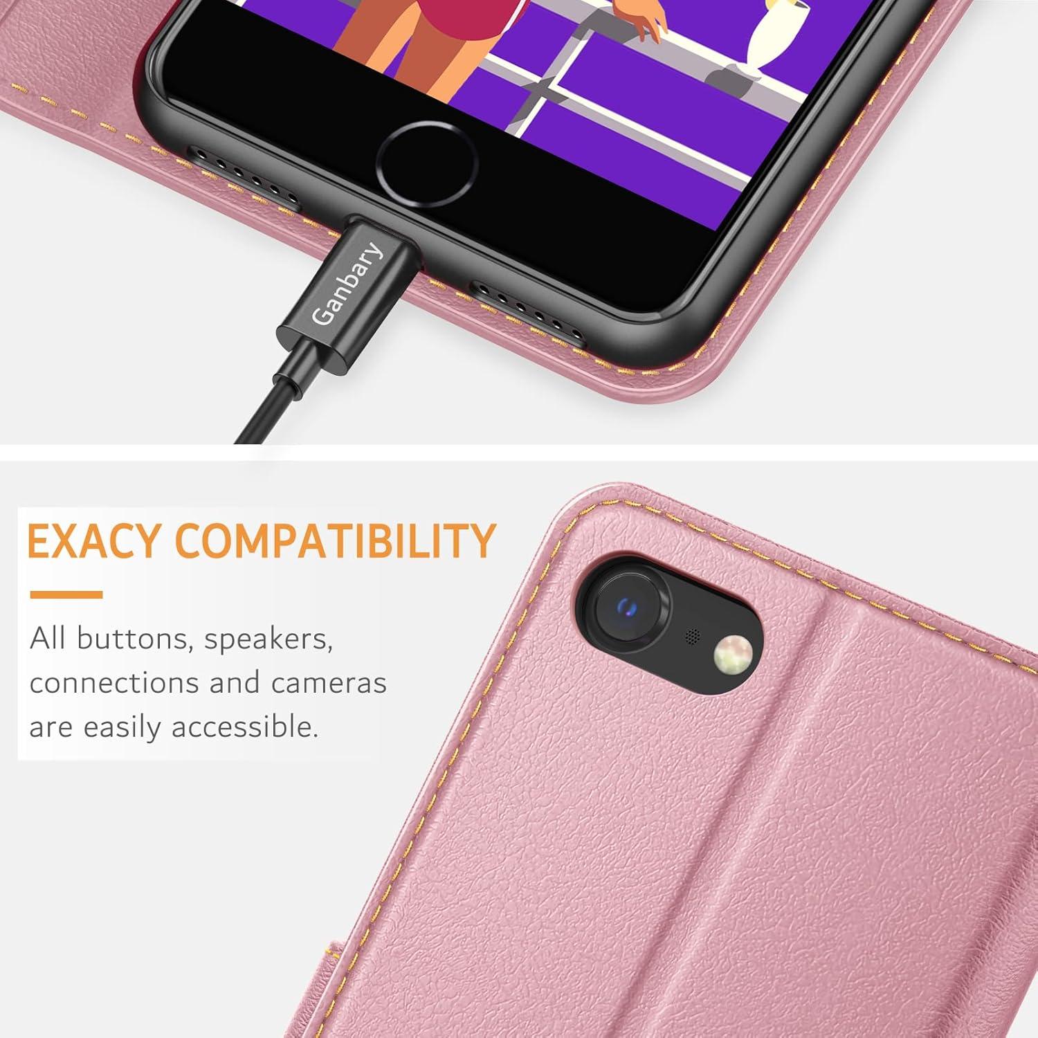 Ganbary iPhone SE 2022 5G Leder Klapphülle Rosa Standfunktion