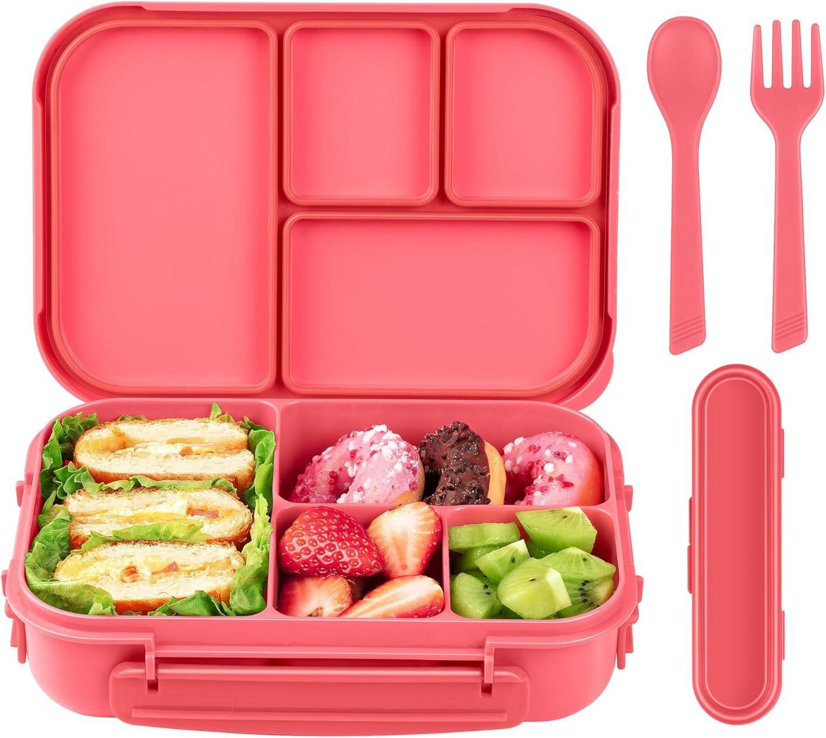 Lunchbox für Kinder mit 4 Fächern und Besteck, 1200ml, Rosa