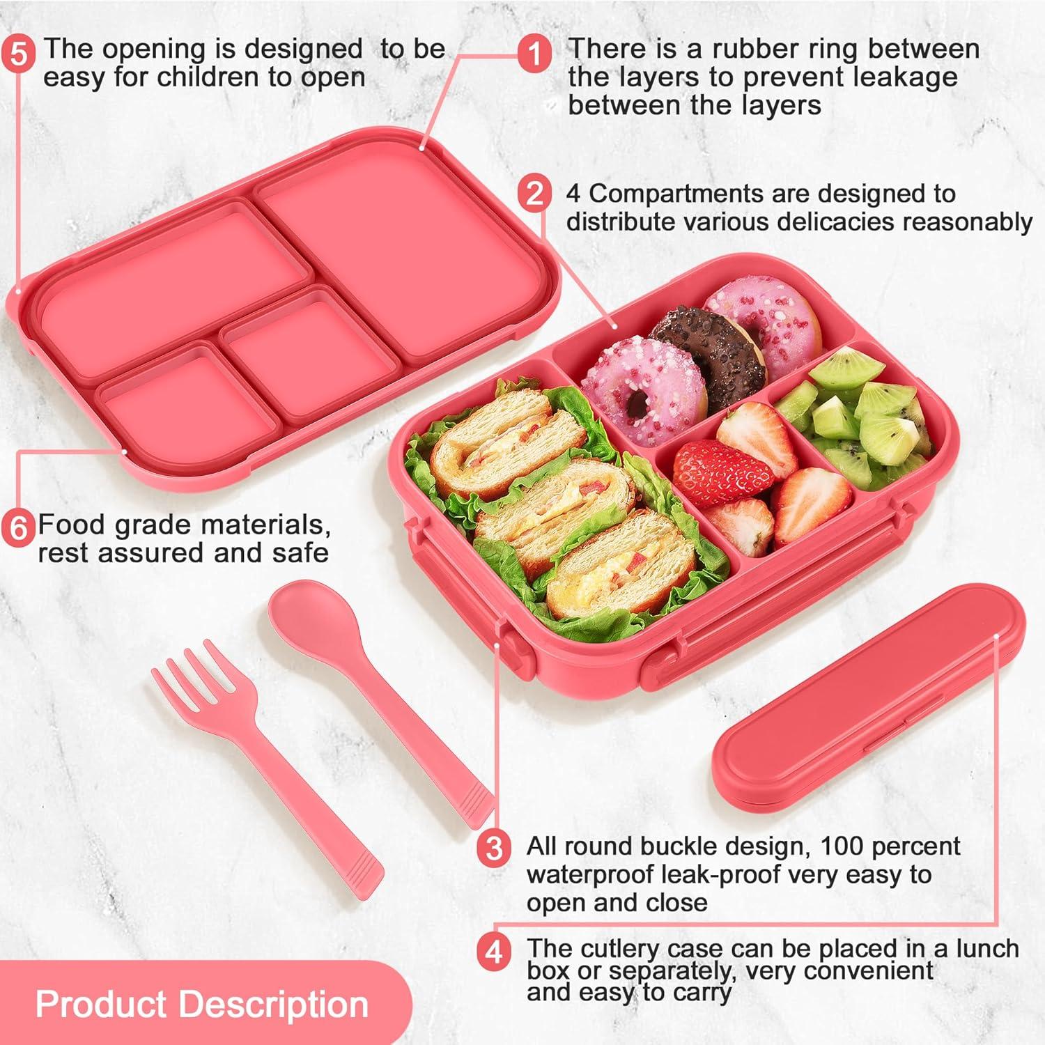 Lunchbox für Kinder mit 4 Fächern und Besteck, 1200ml, Rosa