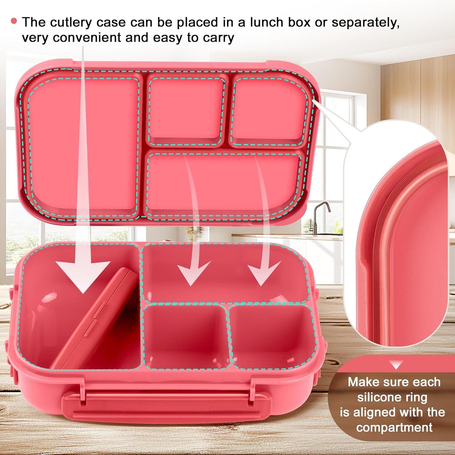 Amathley Rosa Beere Brotdose Kinder Bento Lunchbox 1200ml 4 Fächer Besteck
