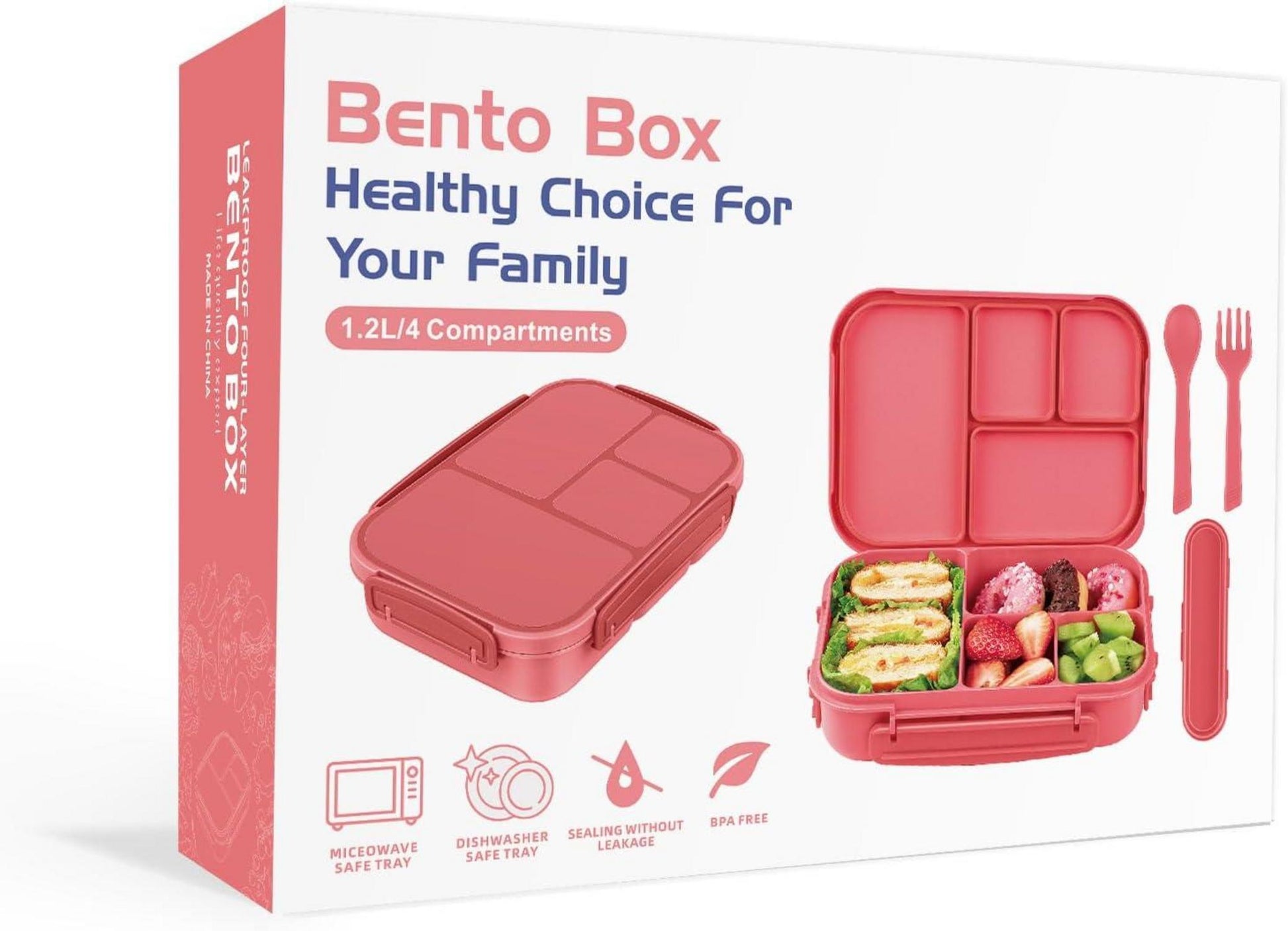 Amathley Rosa Beere Brotdose Kinder Bento Lunchbox 1200ml 4 Fächer Besteck