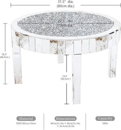 Runder Kristallglas Couchtisch 80 cm Silber Diamant Design