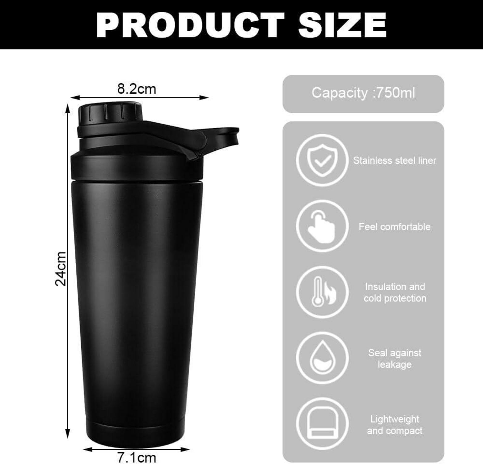 EACHPT Protein Shaker 750ML Schwarz Edelstahl Isoliert