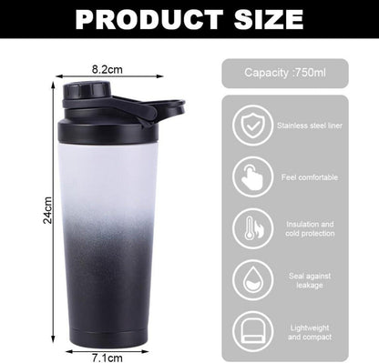 Protein Shaker 750ML Schwarz Grau Edelstahl Isoliert BPA