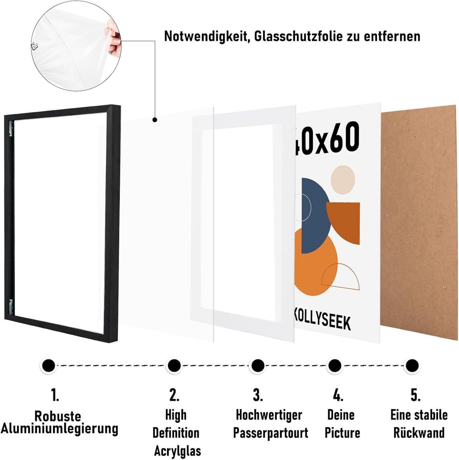 Kollyseek 3er Set Bilderrahmen Aluminium 40x60 cm Schwarz Acrylglas Passepartout