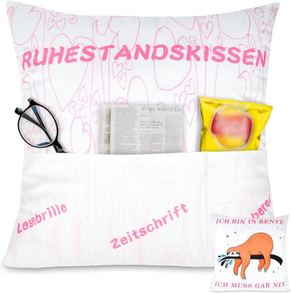 Ruhestandskissen Renteneintritt Geschenk Frau 45x45cm mit 3 Taschen