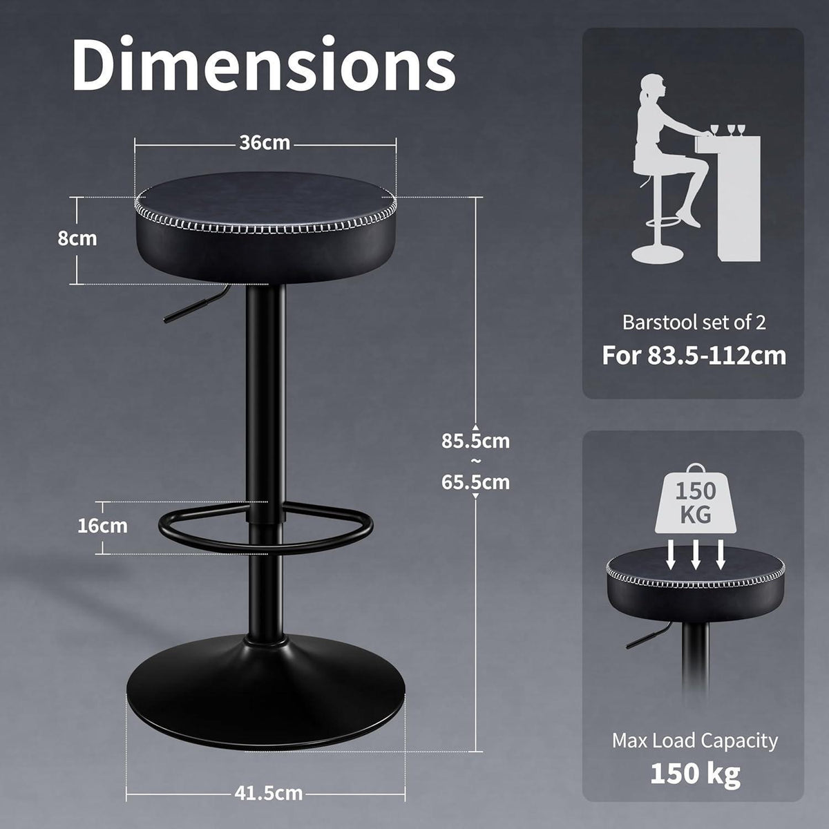 Barhocker Set 2er – Höhenverstellbar & Komfortabel Schwarz