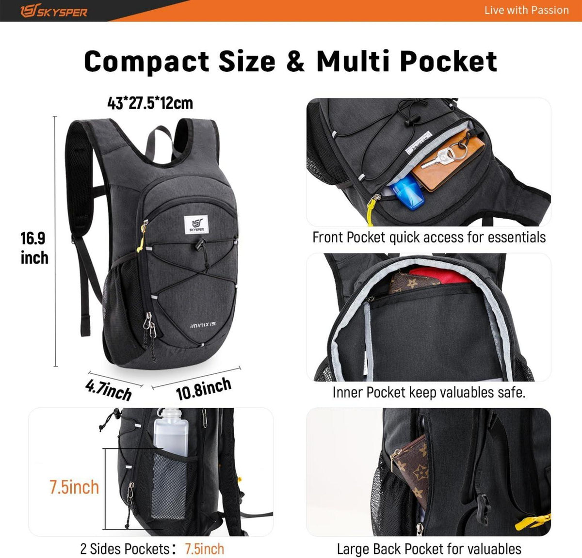 SKYSPER Rucksack Herren 15L Faltbarer Wanderrucksack Leicht