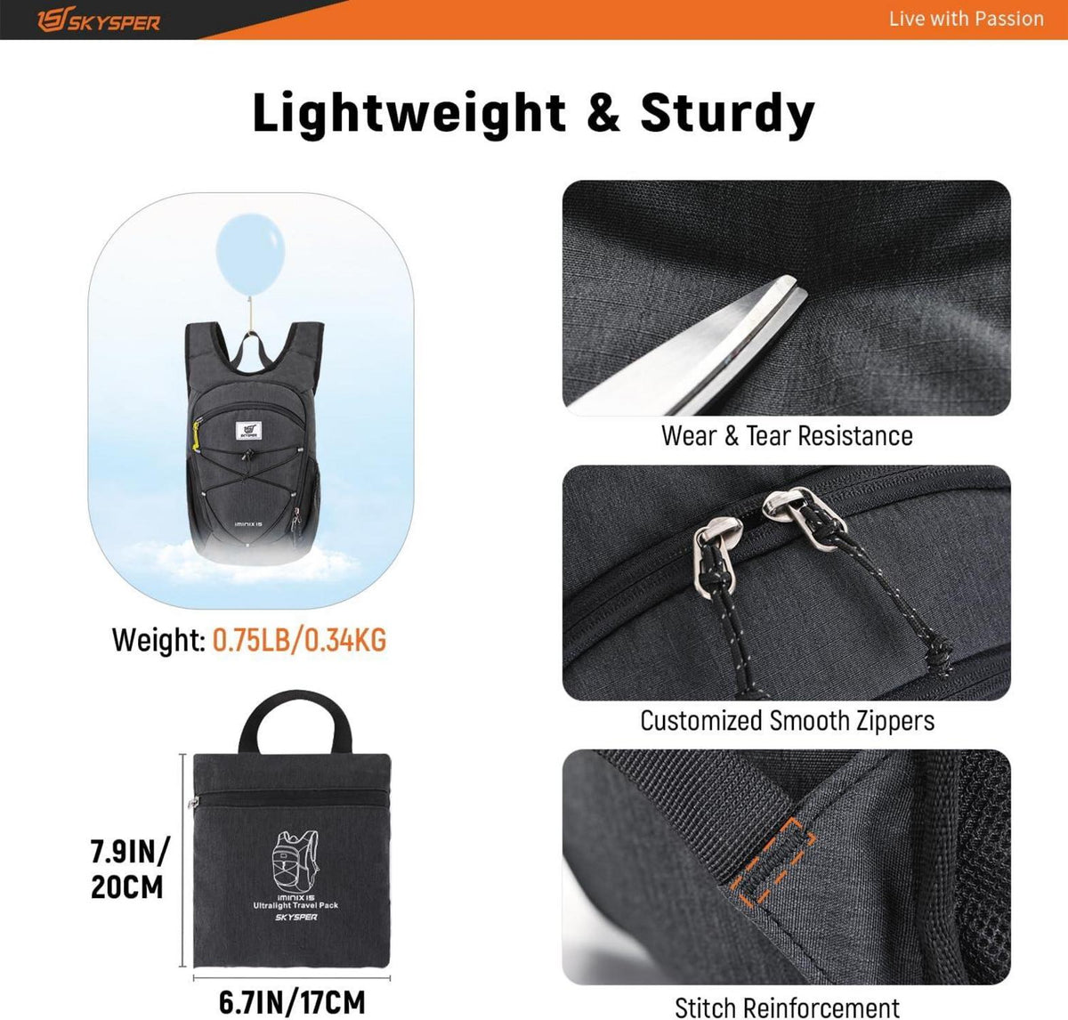 Leichter faltbarer Outdoor-Rucksack 15L für Herren - Schwarz