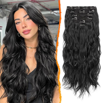 Schwarz Clip in Haarverlängerung 50CM Lang Wellig Haar
