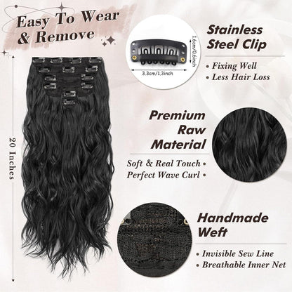 Schwarz Clip in Haarverlängerung 50CM Lang Wellig Haar