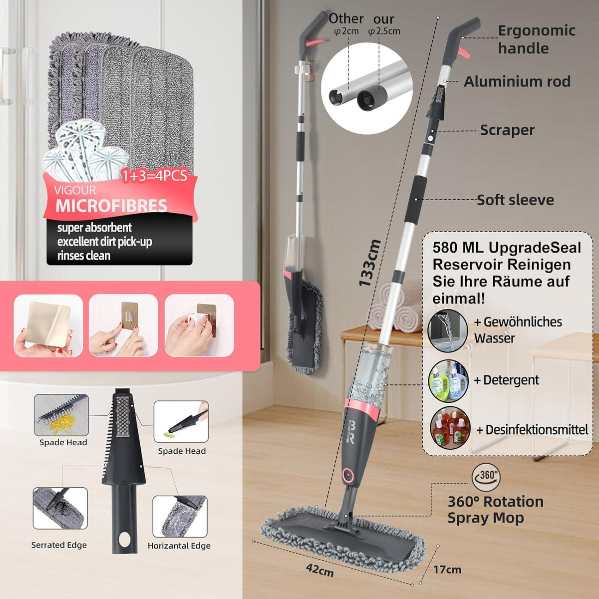 Sprühmopp mit Mikrofaser-Wischpad und 360° Flexibilität