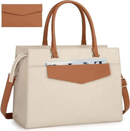 Große Business Damen Laptoptasche PU Leder Beige Braun Shopper