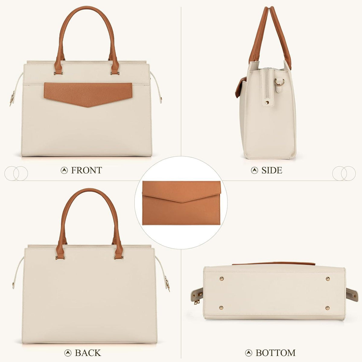 RAINSMORE Handtasche Damen 2-in-1 Umhängetasche 15.6 Zoll PU Leder Beige Braun