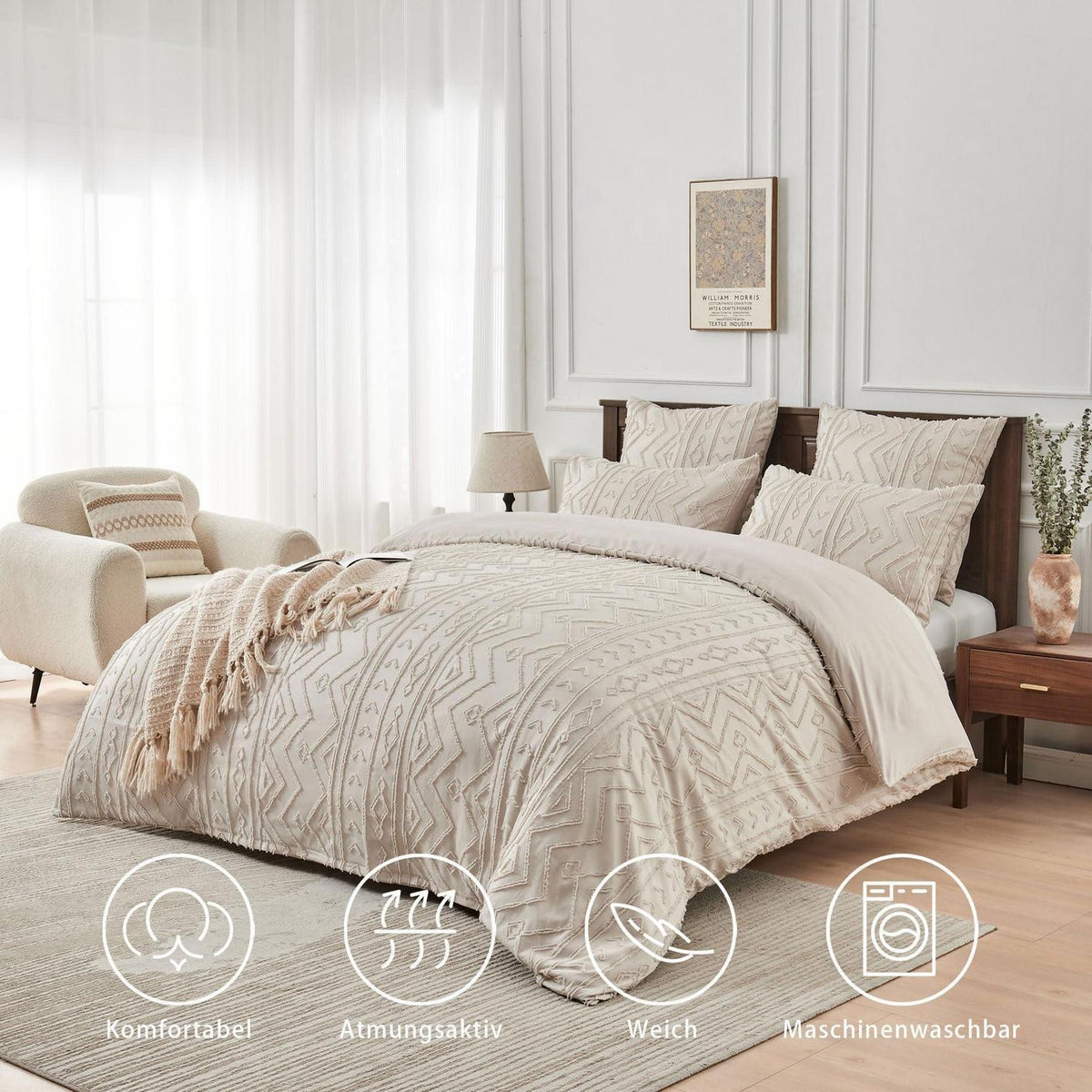 Boho Bettwäsche Set Beige Getuftet 200x220 cm