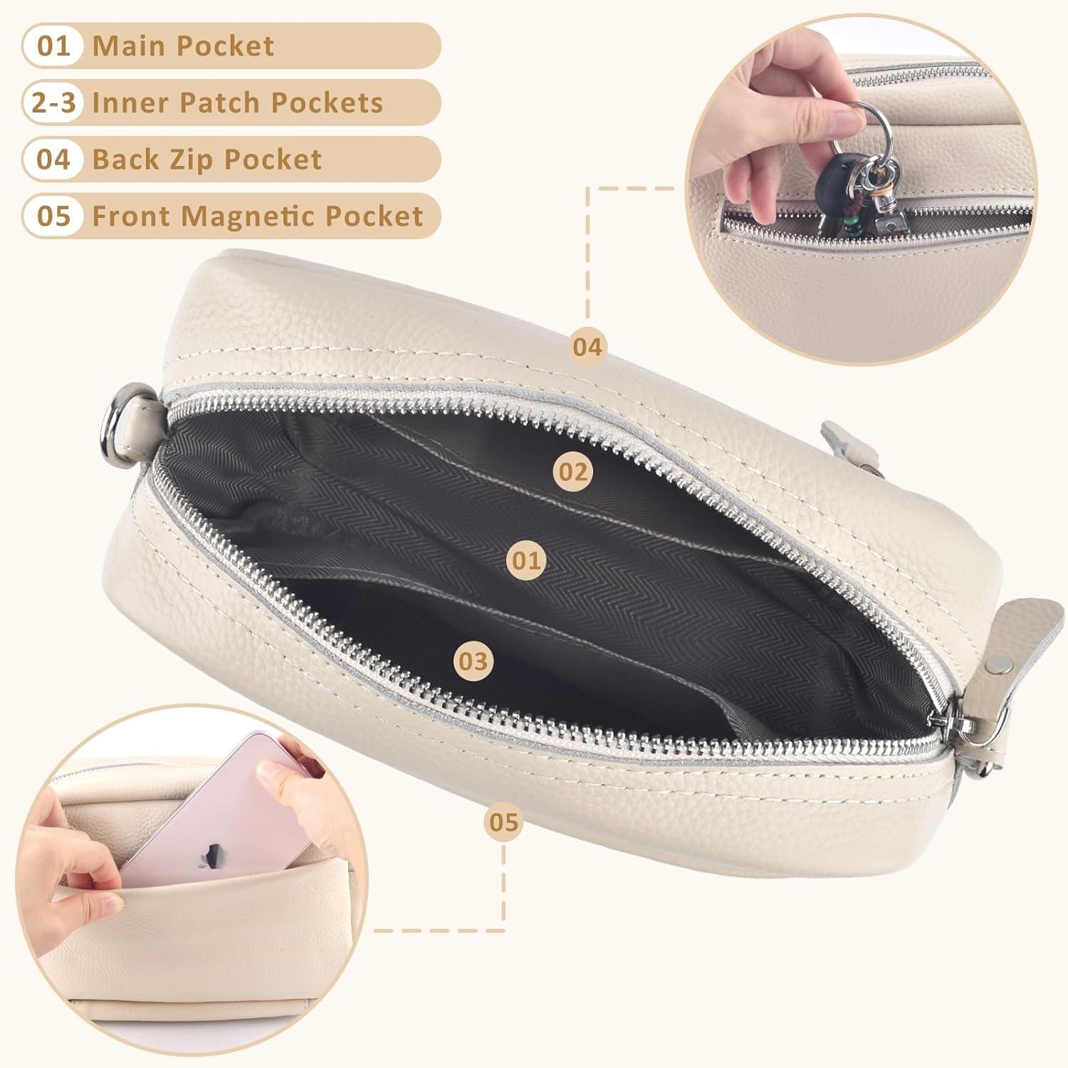 Handy Umhängetasche Echtes Leder Damen Crossbody Bag Schwarz 3 Fächer