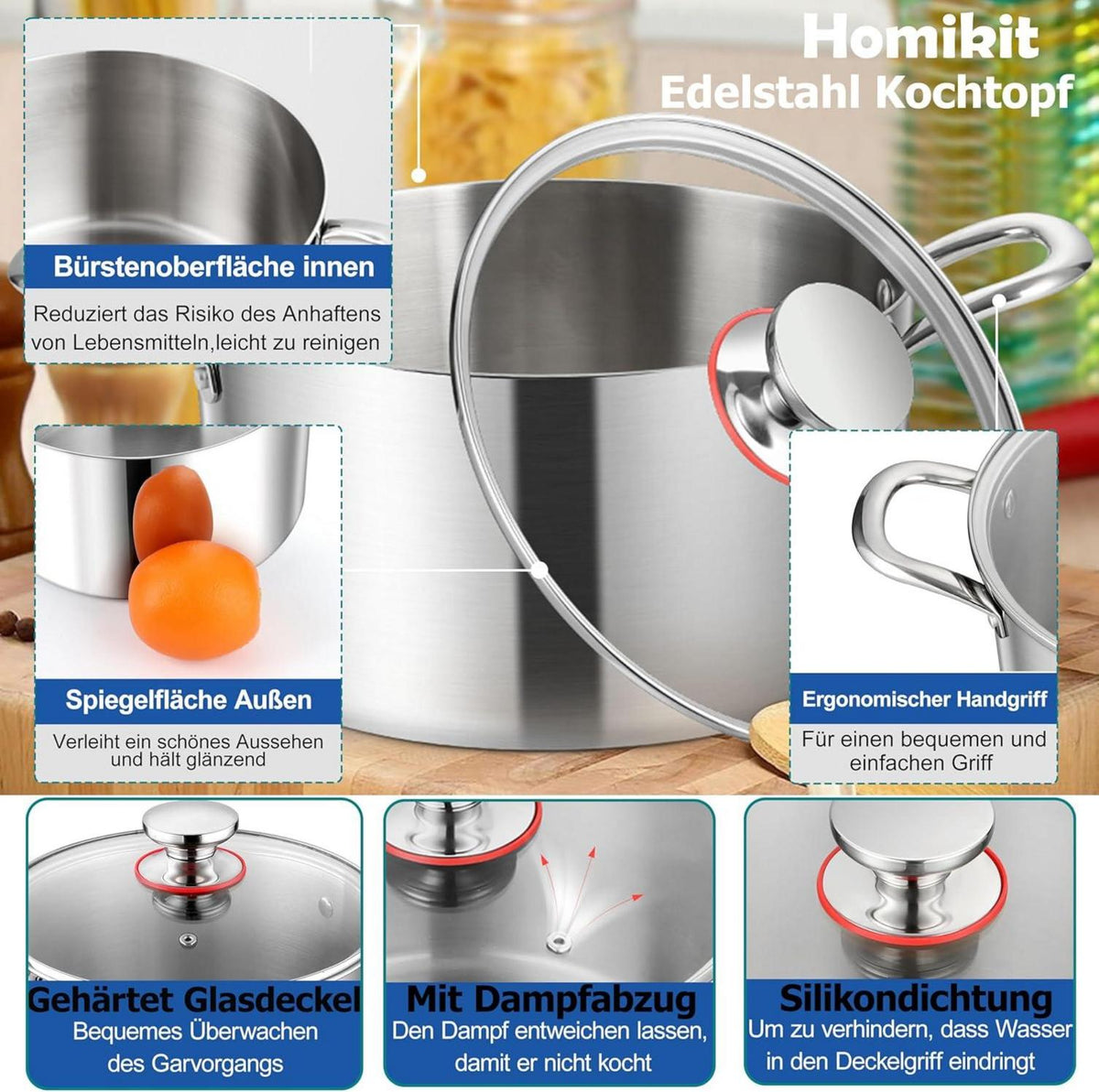 Kochtopf 6,6L Induktion Glasdeckel 3-Lagen Edelstahl