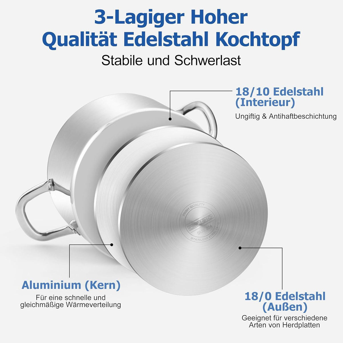 Homikit Großer Kochtopf 6,6L Induktion Glasdeckel 3-Lagen Edelstahl 26cm