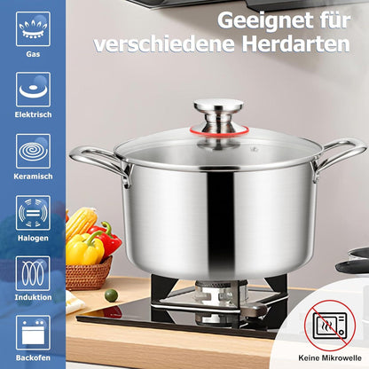 Kochtopf Groß 6,6L Induktion mit Glasdeckel Edelstahl 3-Lagen