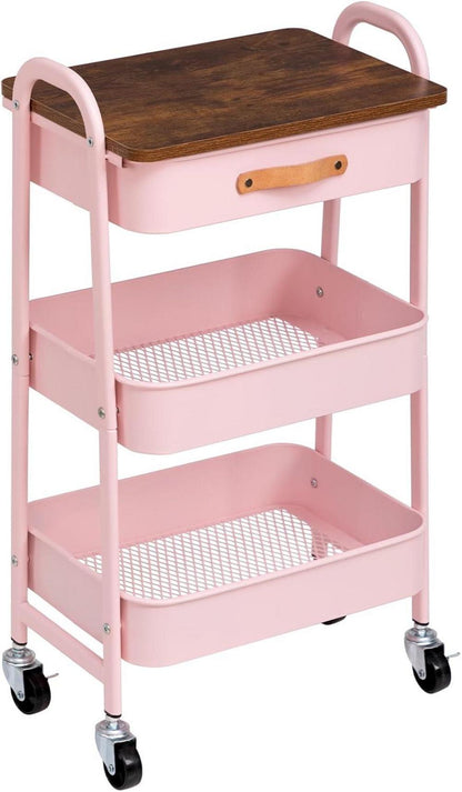 DOEWORKS Rollwagen Metall Aufbewahrungswagen 3-Etagen mit Schublade, Rosa