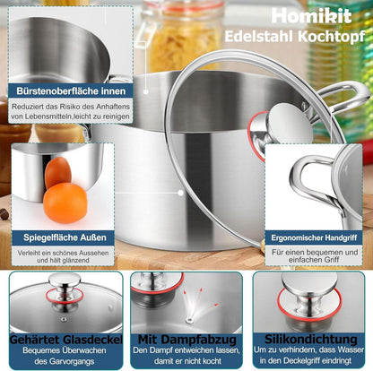 Kochtopf 22cm 3-Lagen Suppentopf Induktion Glasdeckel 4,7L Edelstahl