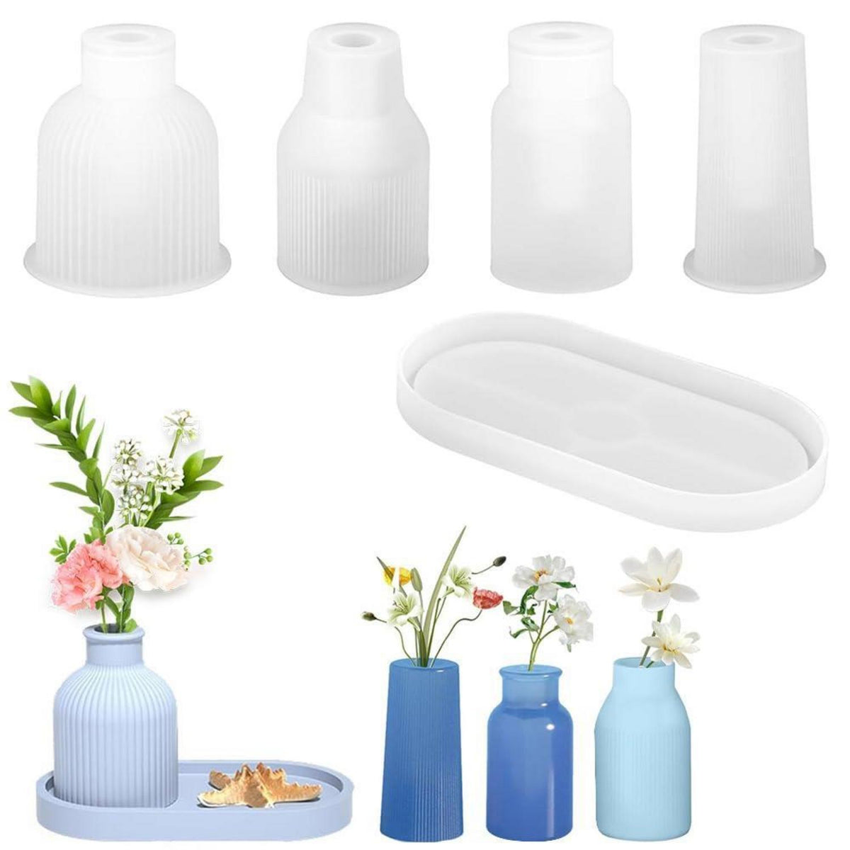 Silikonform Vase Set – 4 Formen + Palette für DIY Harzvasen