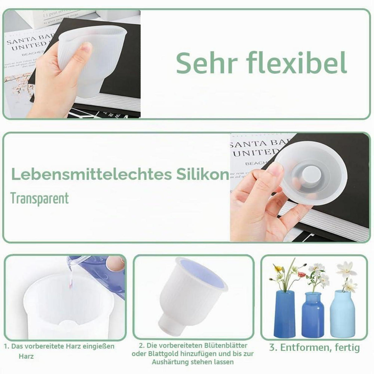 Silikonform Vase Set – 4 Formen + Palette für DIY Harzvasen