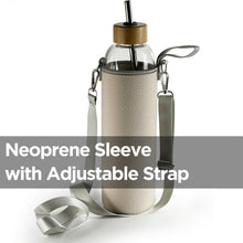 Wasserflasche Glas 900 ml Neoprenhülle Gurt Bambusdeckel