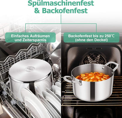 Homikit Großer Kochtopf 24cm 5,3L 3-Lagen Edelstahl Induktion-Glasdeckel