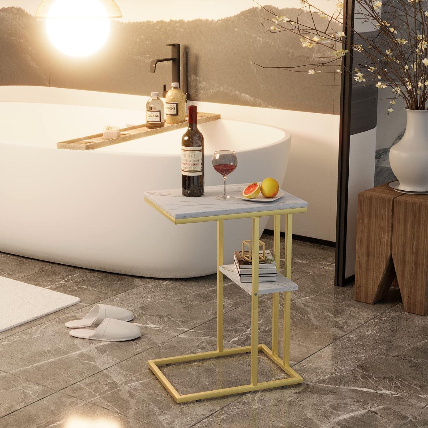 Kleiner C-Form Beistelltisch Holzoptik Weiß 2 Ebenen Bett Sofa